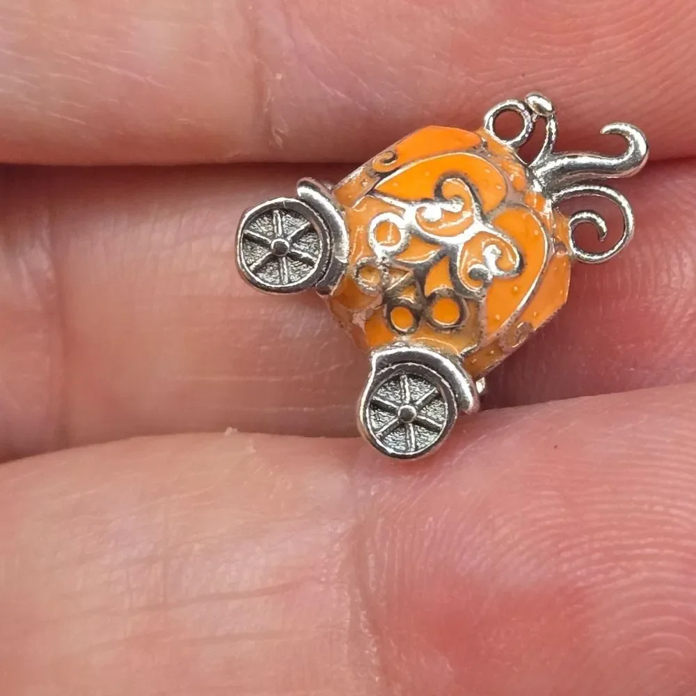 Cinderella Pumpkin Coach Charm 925 Sterling Silver Enamel Princess Bracelet Bead